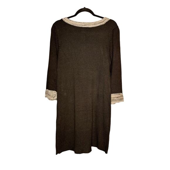 Notations Women's sz Large Sweater Knit Dress Black w/Gray Trim Midi Boat Neck - Picture 2 of 8